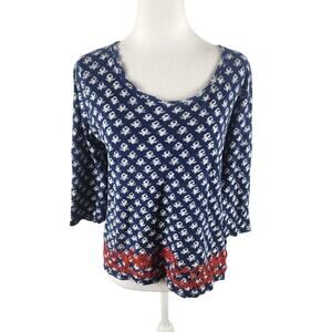 Lucky Brand Blue / White Print Abstract Red Embroidery 3/4 Sleeve Top Sz Medium